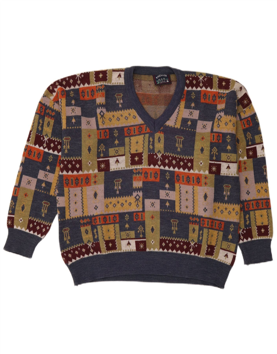 vintage Mens V-Col Jumper Pull Grand Patchwork Multicolore