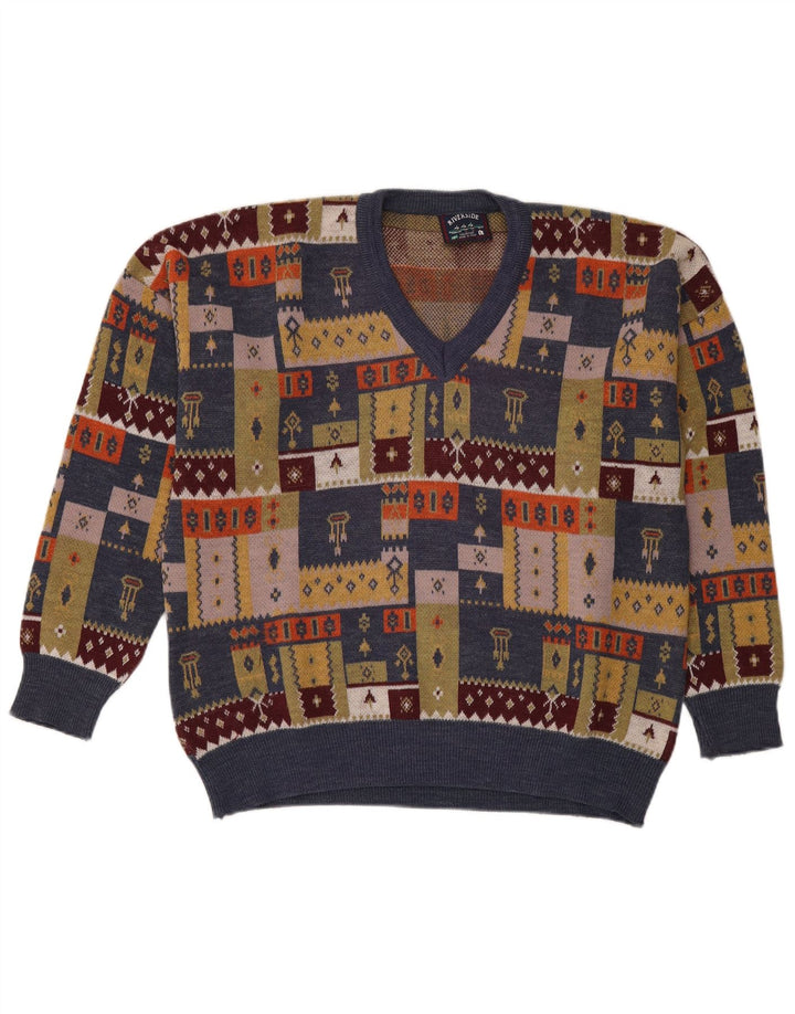 vintage Mens V-Col Jumper Pull Grand Patchwork Multicolore