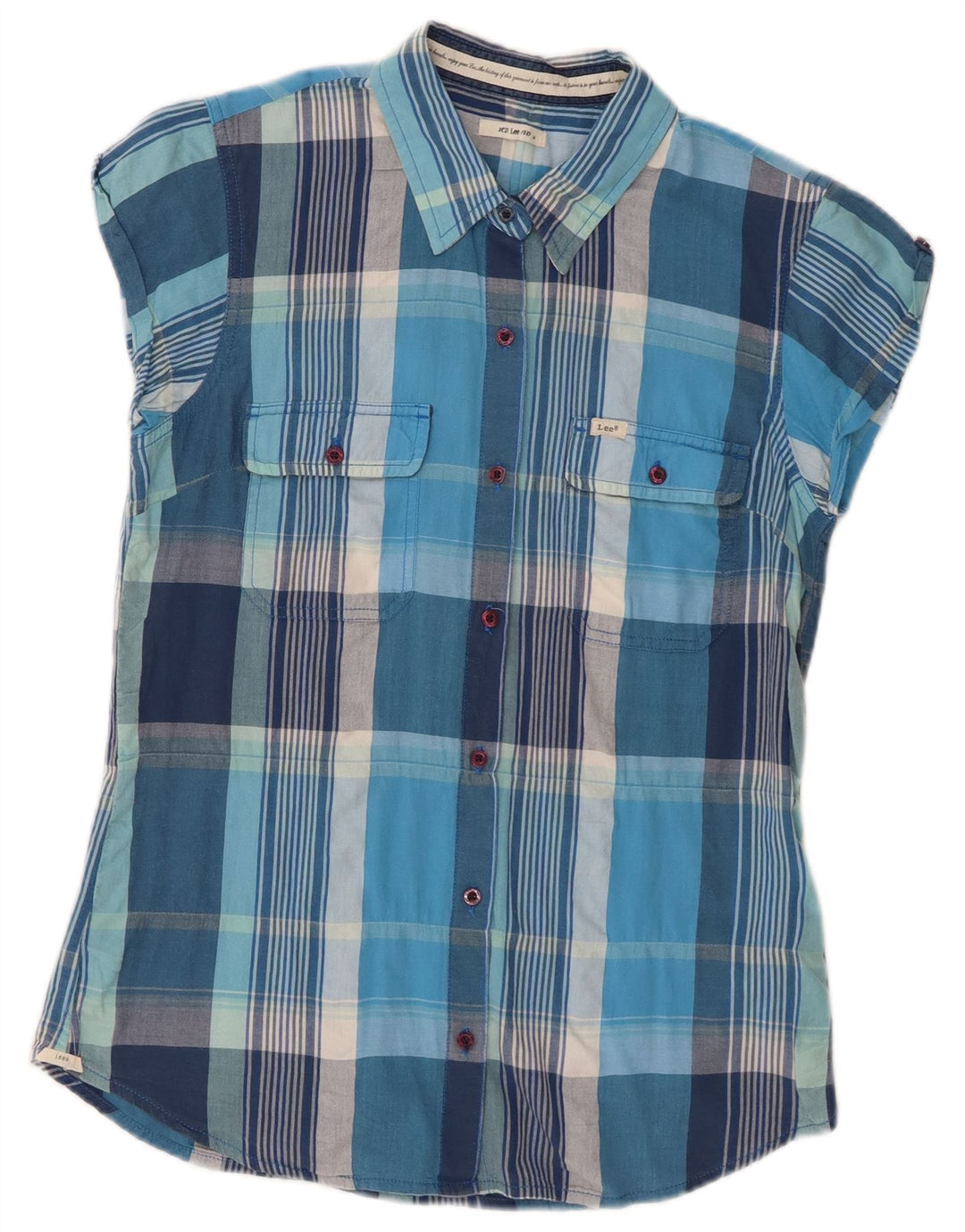 Lee Chemise à manches courtes pour femme UK 12 Bleu moyen à carreaux en coton