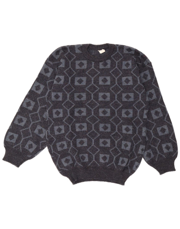 vintage Mens Crew Neck Jumper Pull Moyen Gris Géométrique Acrylique