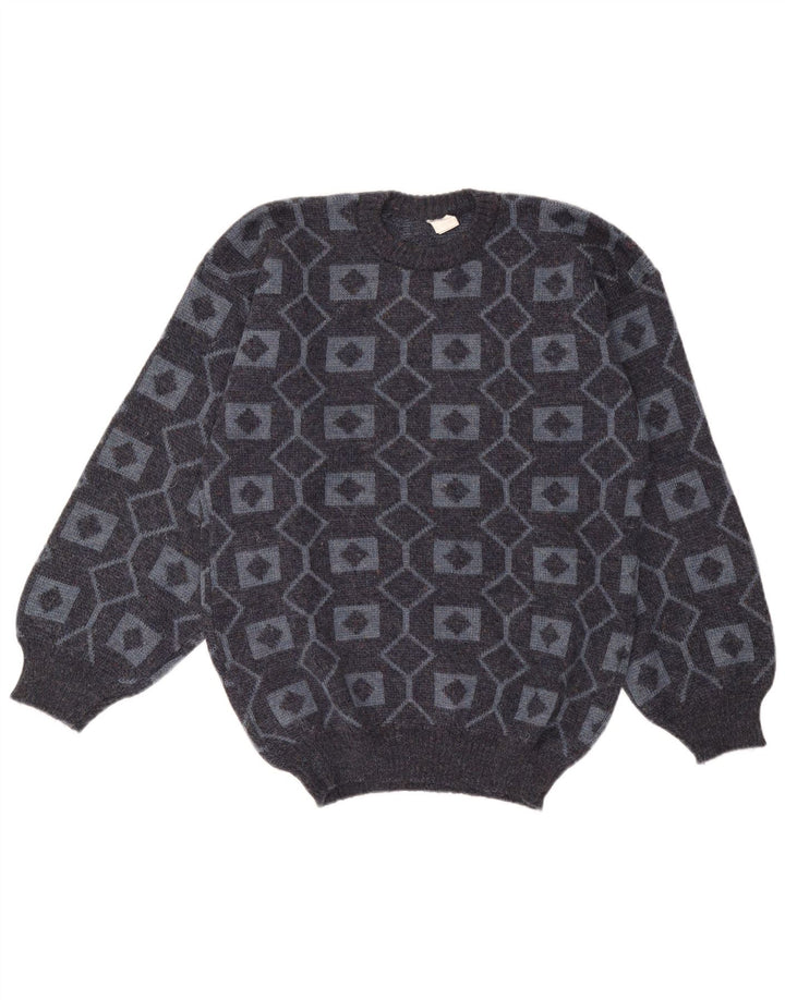 vintage Mens Crew Neck Jumper Pull Moyen Gris Géométrique Acrylique