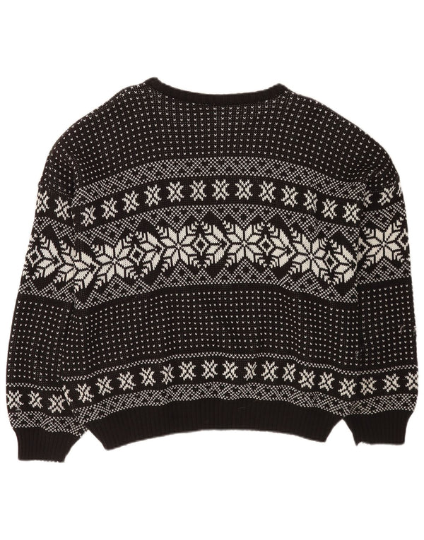 vintage Mens Crew Neck Jumper Pull XL Noir Fair Isle