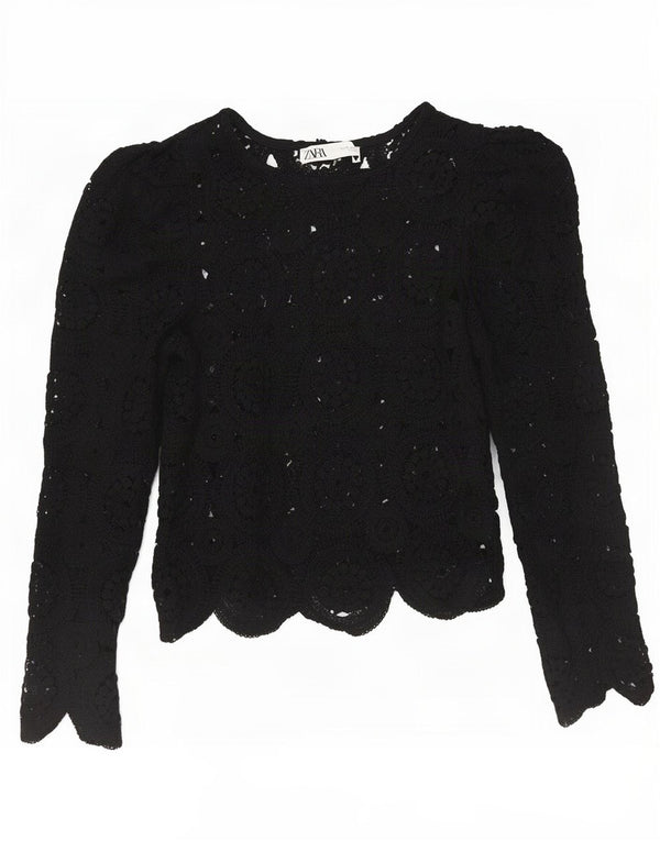Zara Womens Crop Crochet Top Manches 3/4 UK 8 Petit Noir Floral