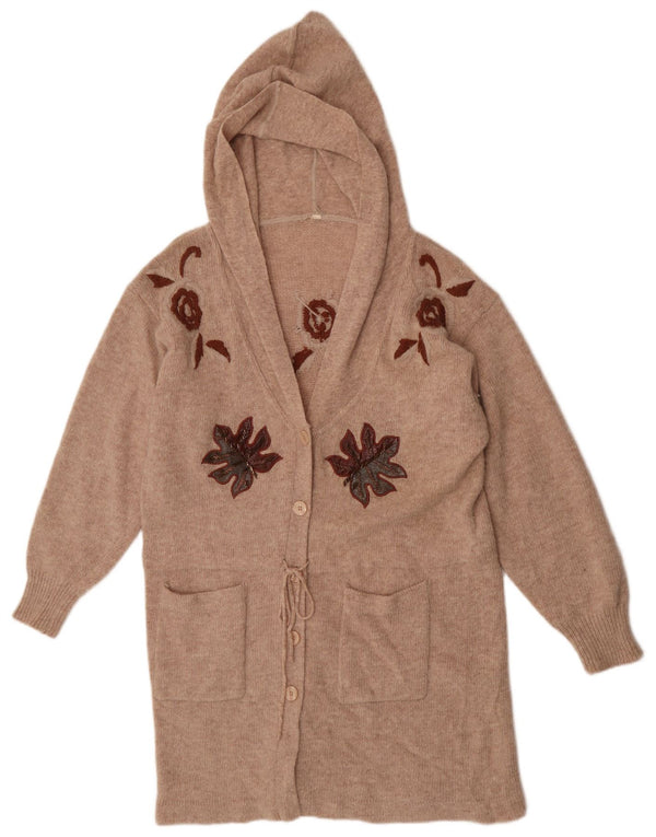 vintage Femme Longline Cardigan Pull UK 14 Moyen Beige Floral