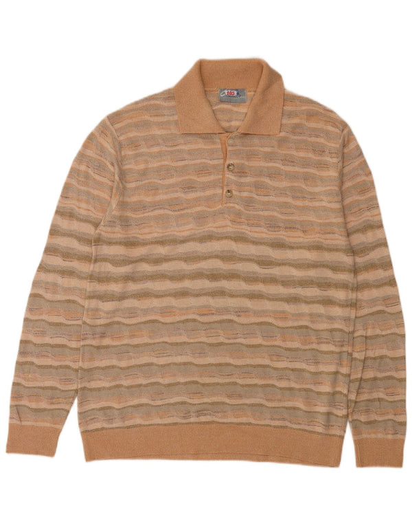 vintage Mens Polo Neck Jumper Pull Moyen Orange Rayé Acrylique