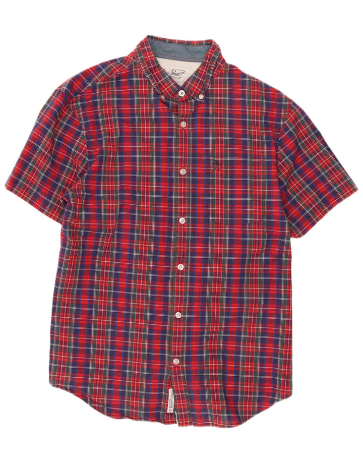 Penguin Chemise à Manches Courtes Homme Rouge Moyen Carreaux Coton