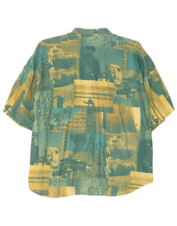 Vintage hommes graphique manches courtes chemise 2XL vert Patchwork coton