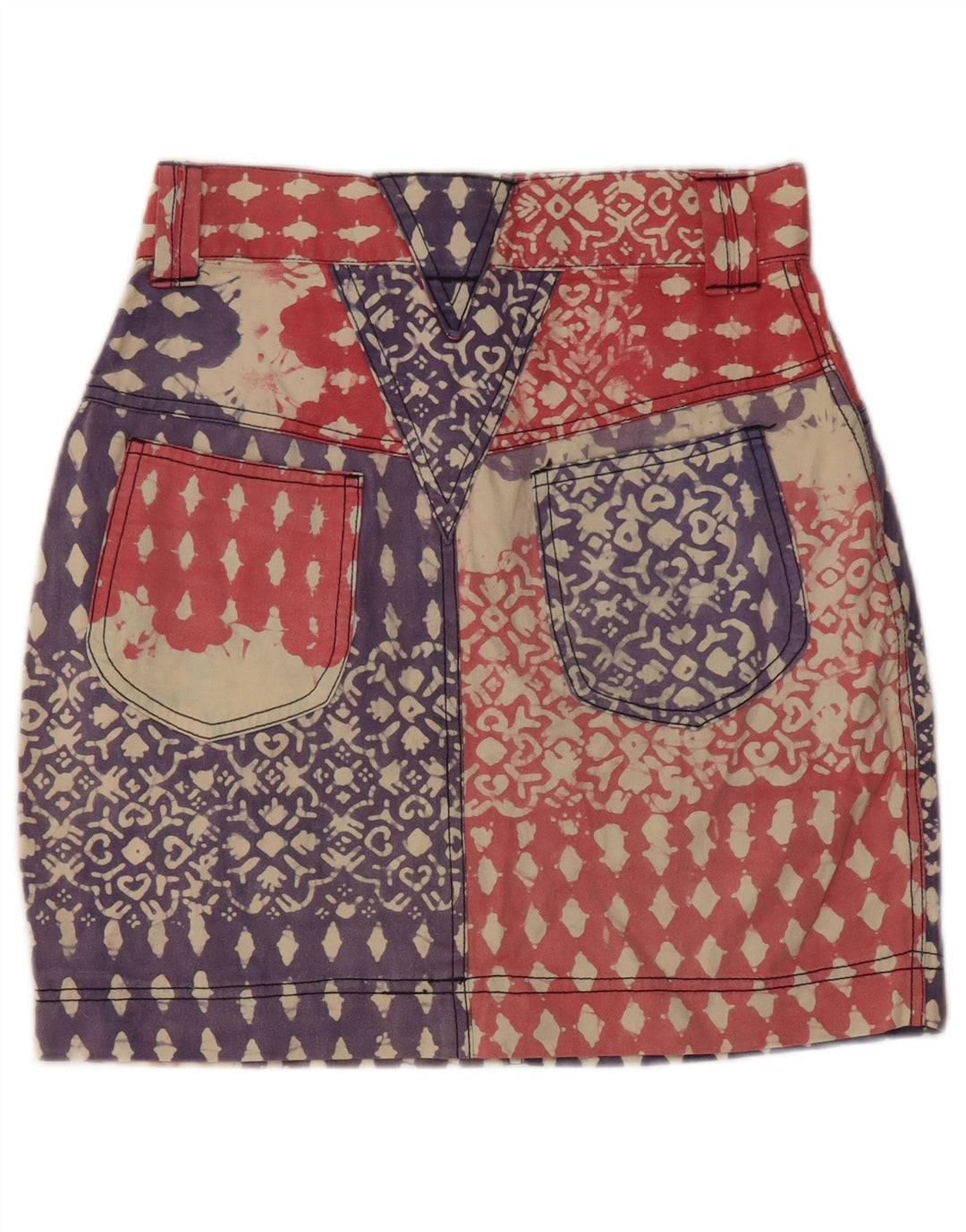 vintage Femmes Motif Abstrait Denim Crayon Jupe Grand W28 Bleu Coton