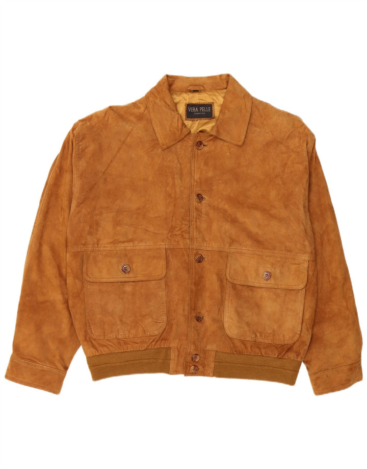 vintage Mens Suede Bomber Jacket IT 54 2XL Cuir Marron