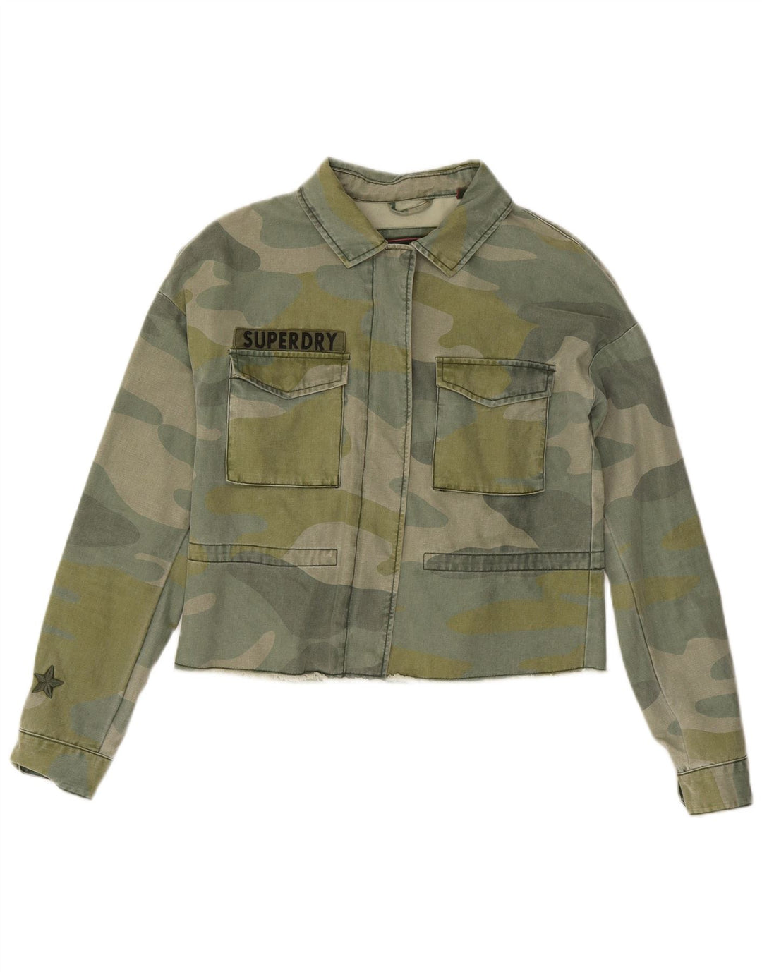 Superdry Veste en jean crop graphique pour femme UK 10 petit camouflage kaki