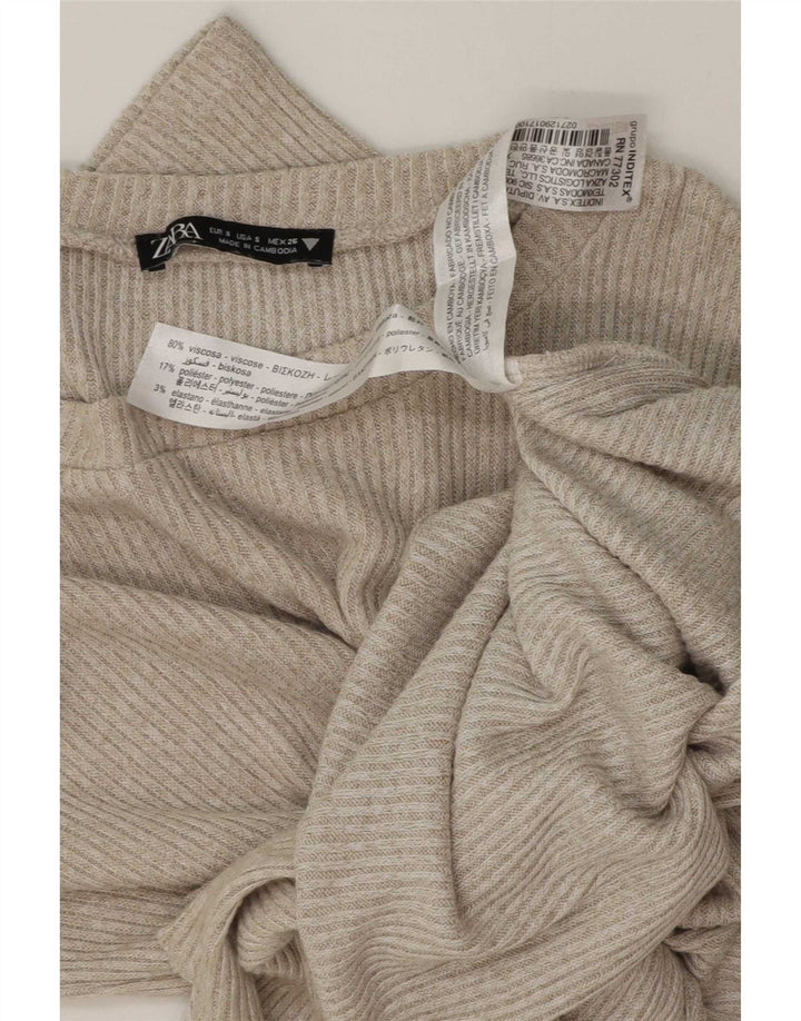 Zara Womens Front Tie Top Manches Longues UK 10 Small Beige Viscose