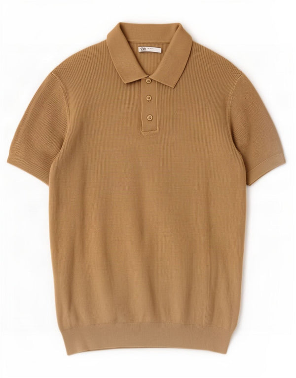 Zara Pull à manches courtes et col polo pour homme en coton kaki moyen
