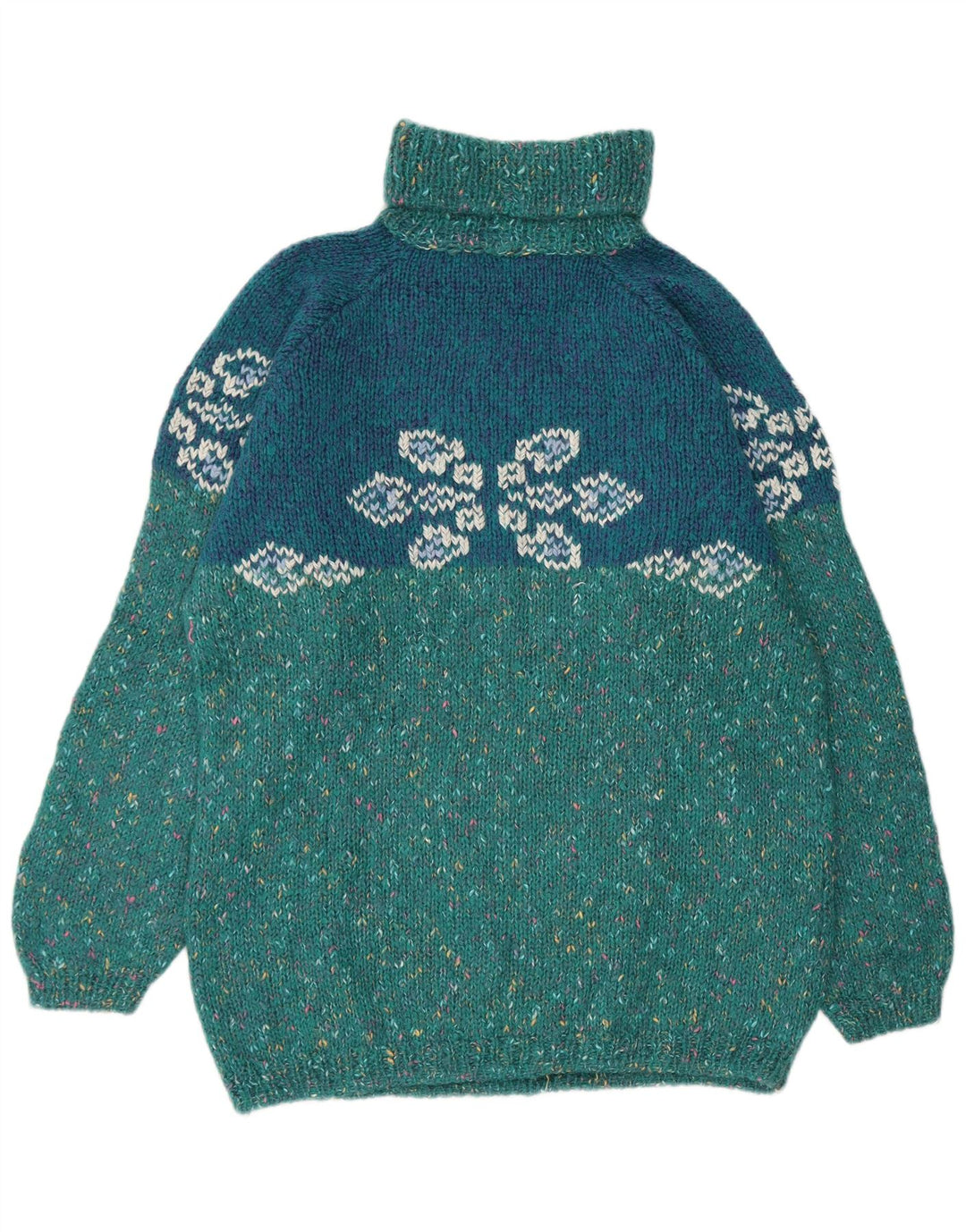 VINTAGE Femmes Graphique Col Roulé Pull Pull UK 18 XL Turquoise Moucheté