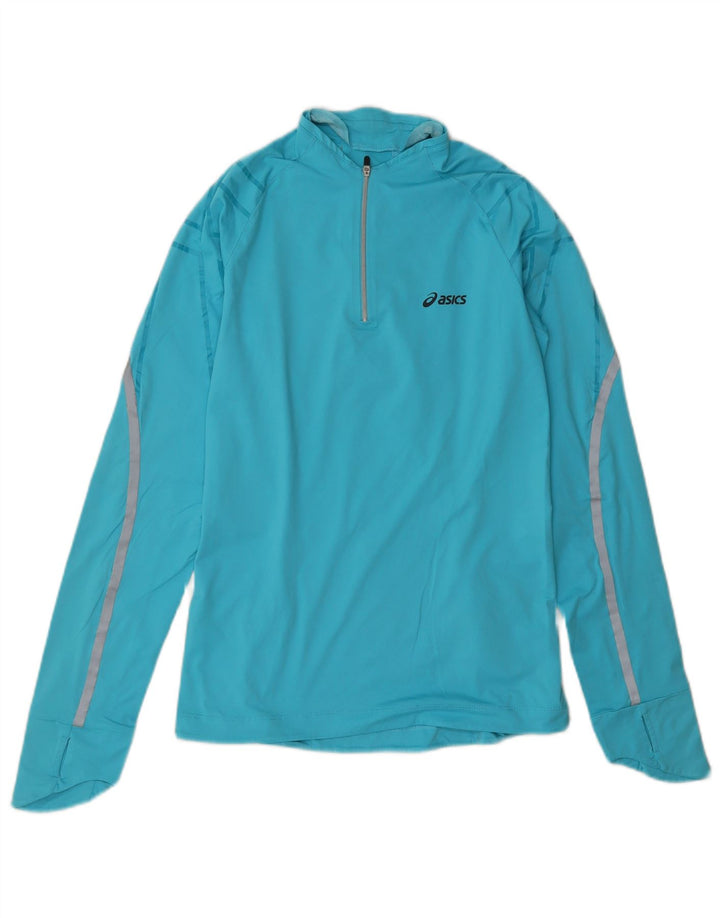 Asics Haut de survêtement à col zippé pour femme UK 12 Bleu moyen géométrique