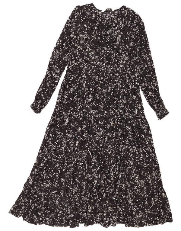 Zara Robe longue à manches longues pour femme UK 10 Petite viscose florale noire