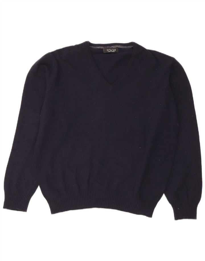 Zara Pull col V pour homme en laine bleu marine Large