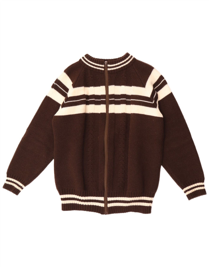 vintage Mens Cardigan Pull Petit Brun Rayé