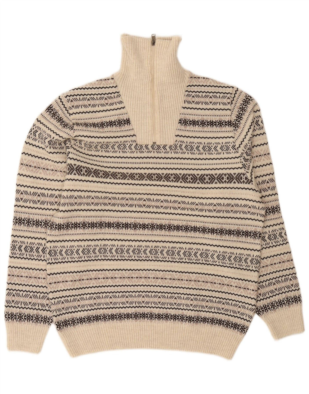 Jim Spencer Pull à col zippé pour homme en laine Fair Isle beige moyen