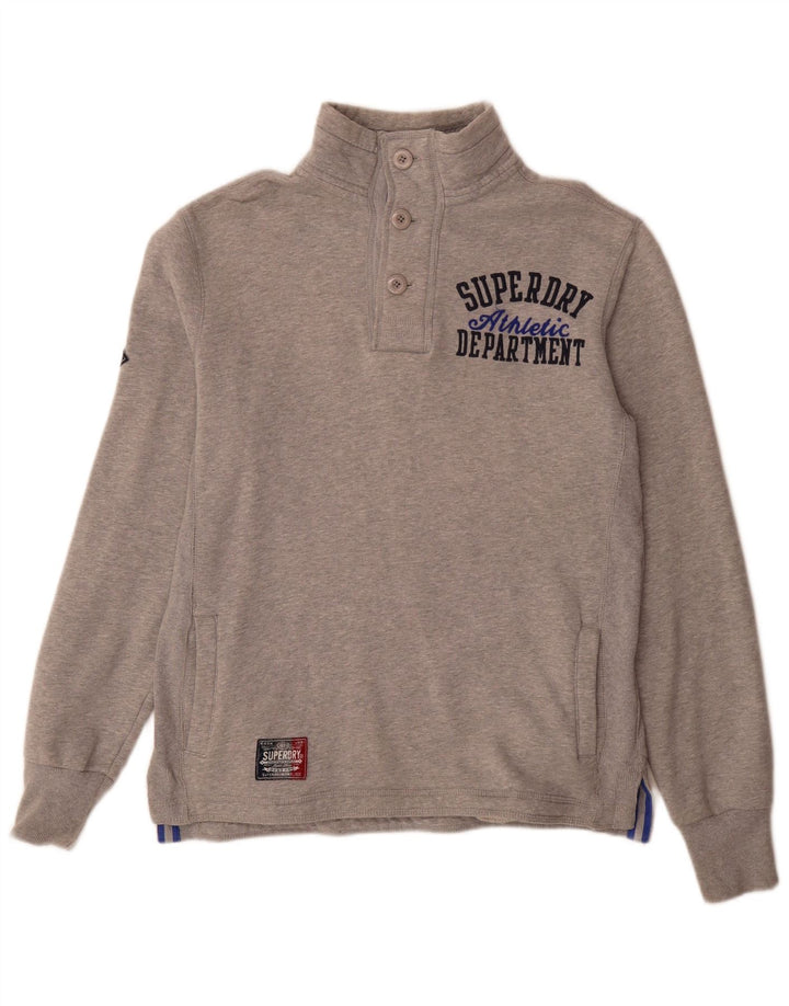 Superdry Homme Graphic Button Neck Sweatshirt Jumper Petit Gris Coton
