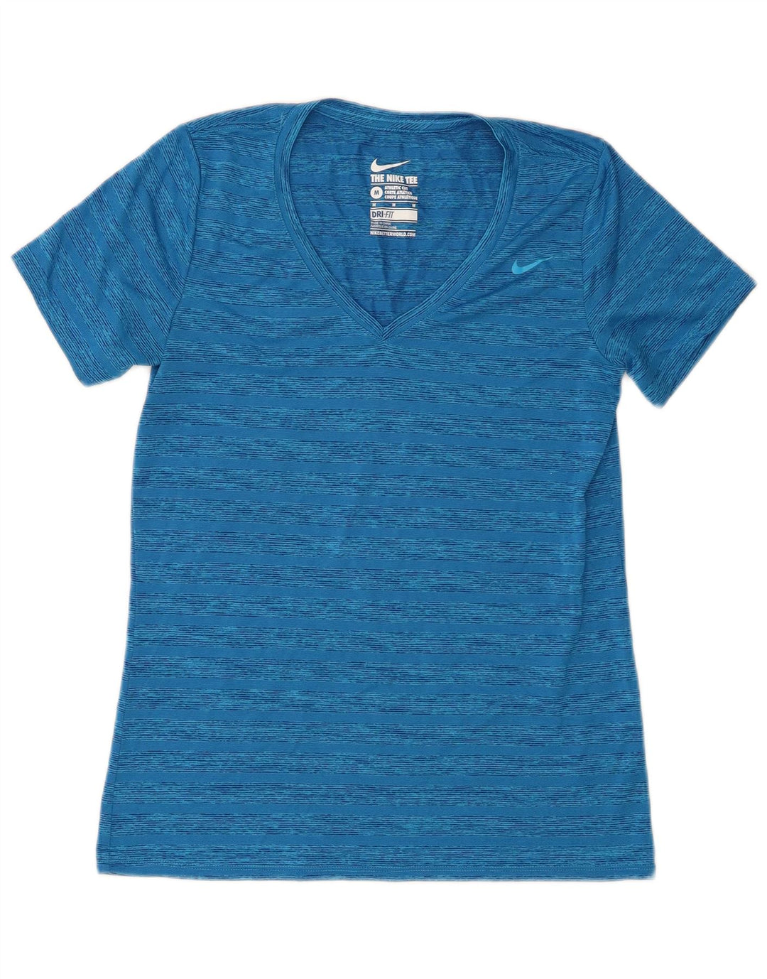 Nike Womens Dri Fit T-Shirt Top UK 12 Bleu Moyen Rayé Polyester