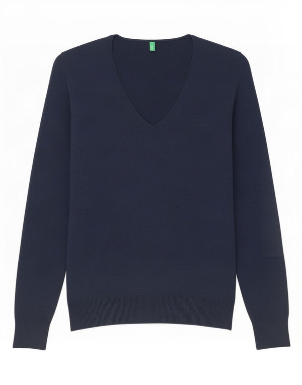 Benetton Pull col V pour femme UK 10 Petit Bleu marine Coton