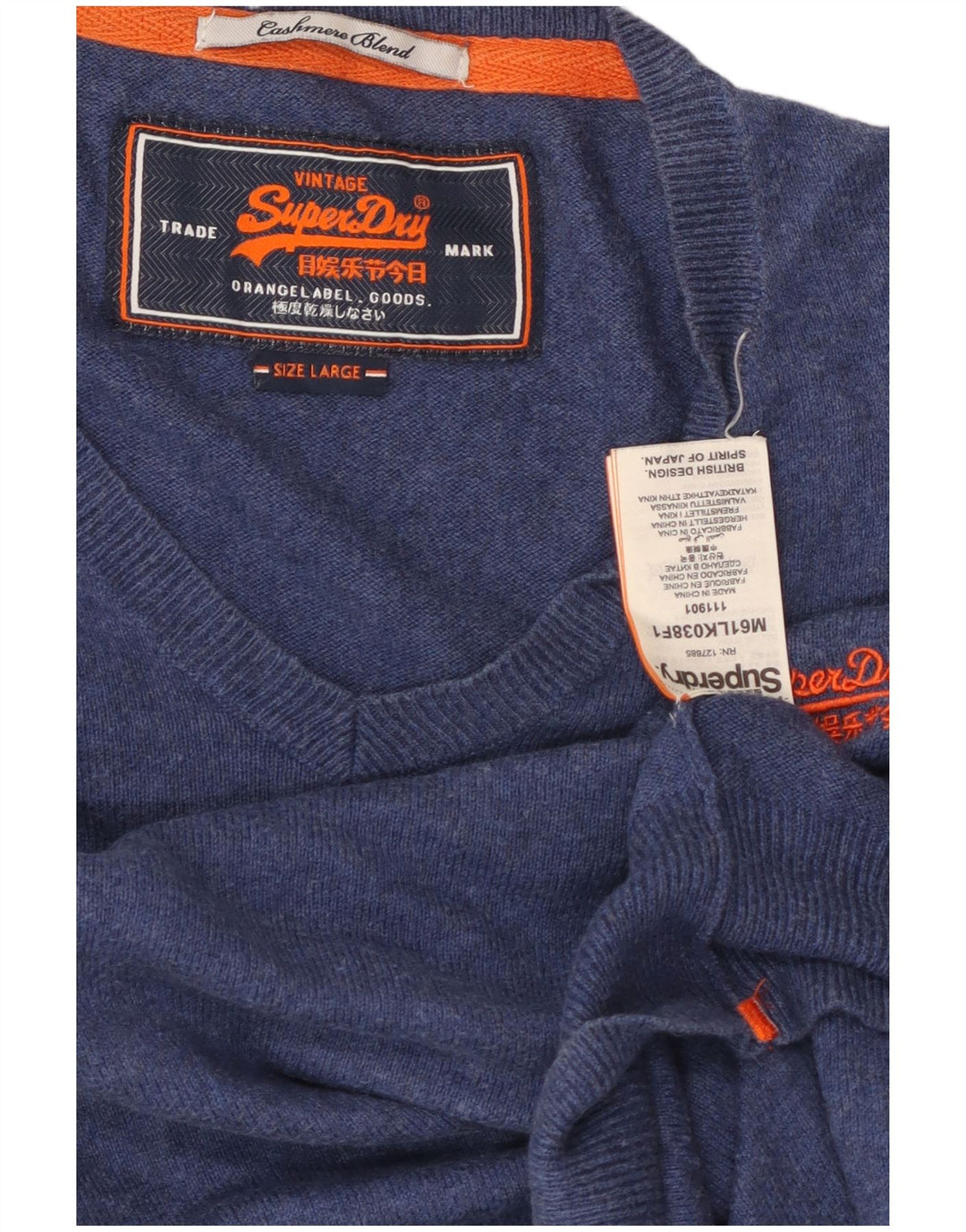 Superdry Pull col V pour homme en coton bleu Taille L