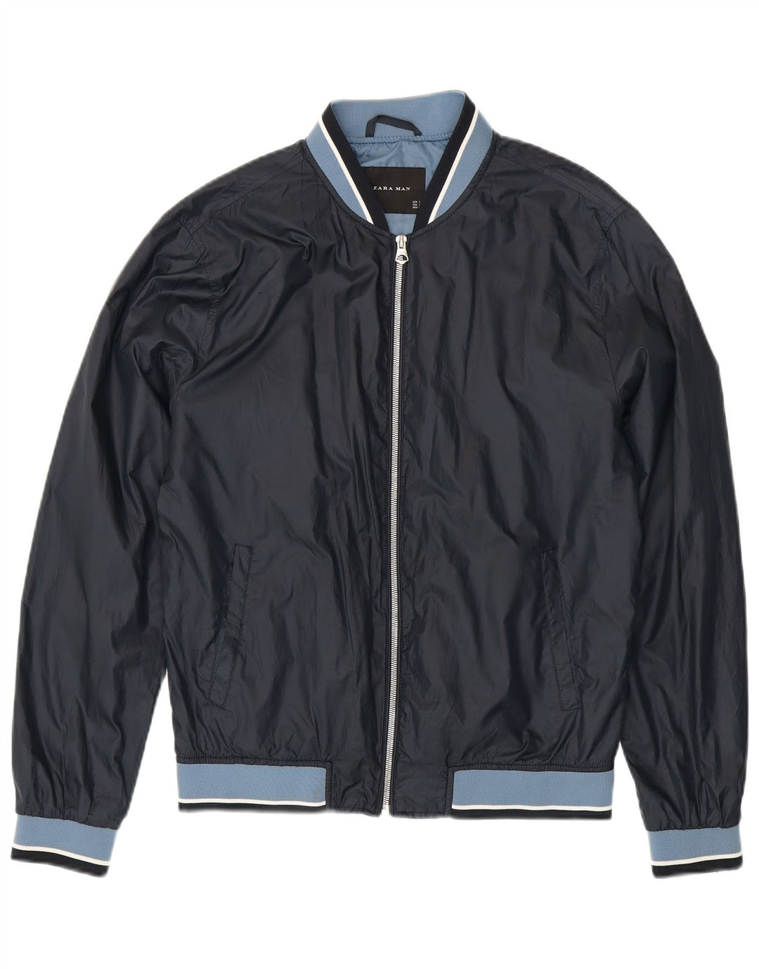 Zara Bomber Jacket Homme UK 40 Large Bleu Marine Colorblock Polyester