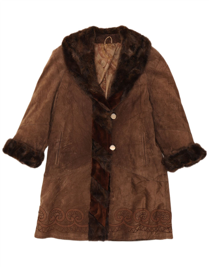 vintage Femmes Suède Pardessus UK 14 Moyen Brun Paisley