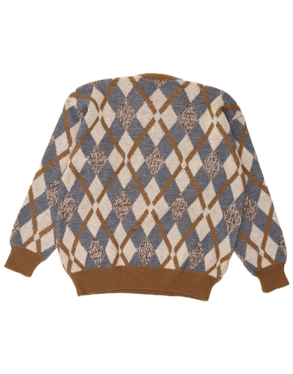 vintage Mens Crew Neck Jumper Pull IT 52 Grand Marron Argyle/Diamant