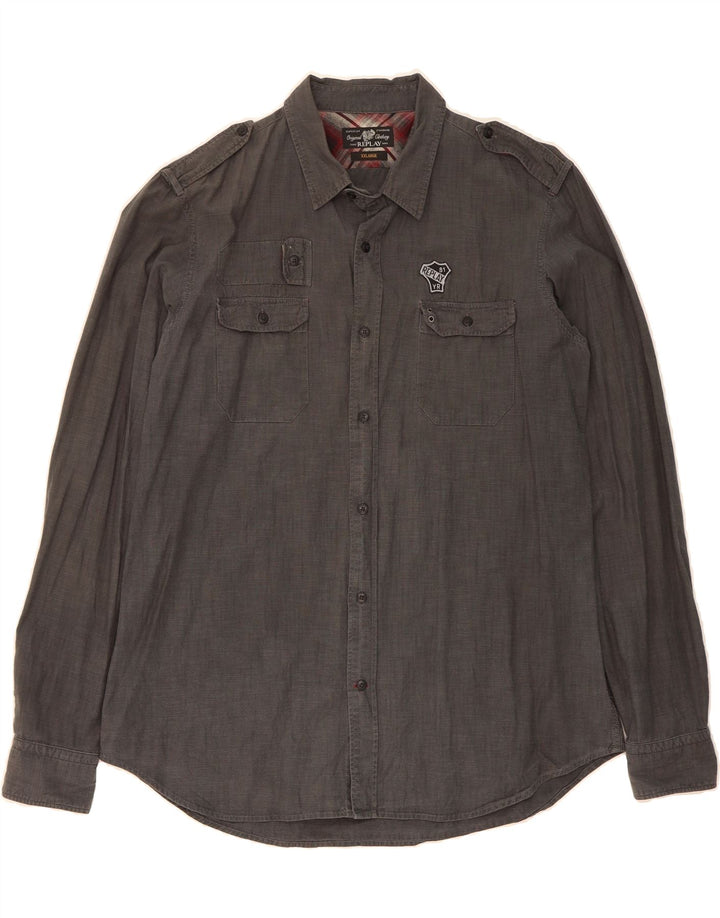 REPLAY Mens Graphic Military Shirt 2XL Grey Vintage Replay and Second-Hand Replay from Messina Hembry 