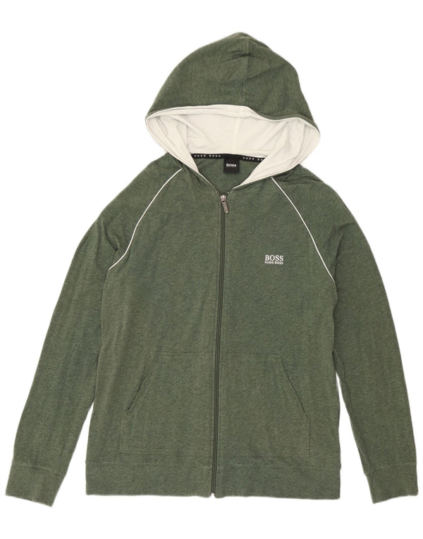 HUGO BOSS Pull à capuche zippé en coton vert moyen