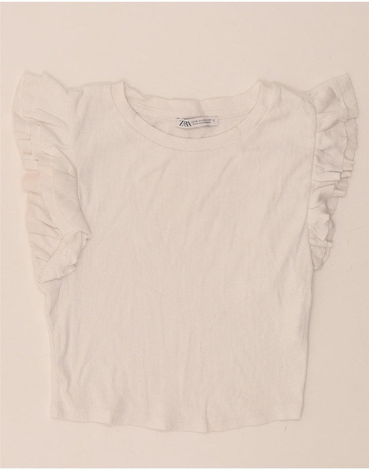 Zara Womens Crop Blouse Top UK 12 Coton Blanc Moyen