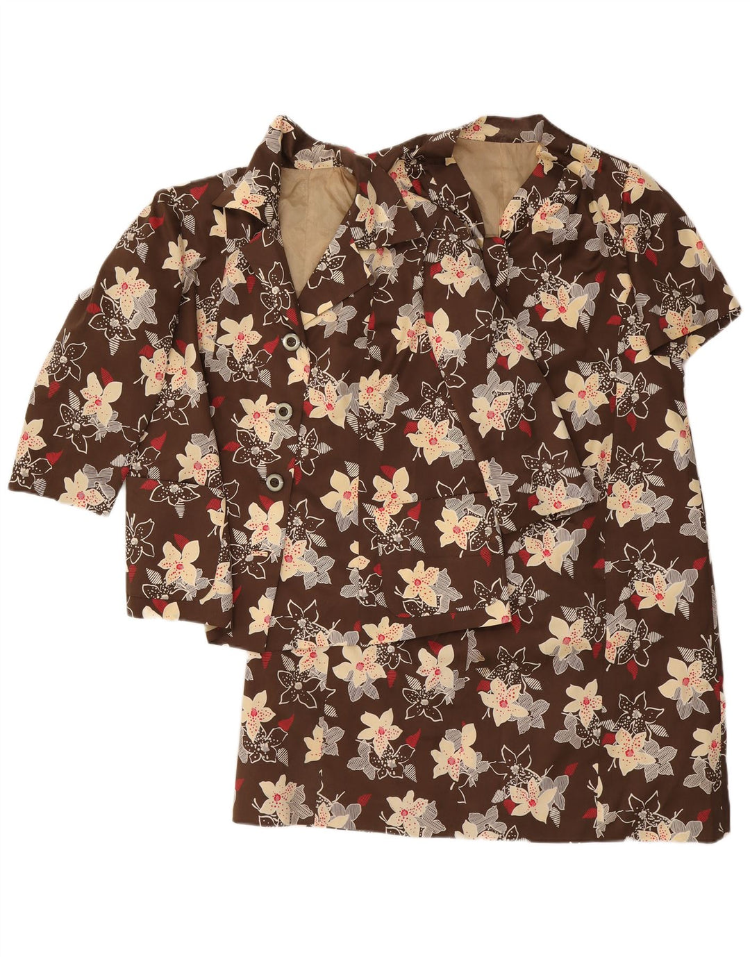vintage Femmes 3/4 Manches 4 Boutons 2 Pièces Ensemble UK 12 Moyen Brun Floral