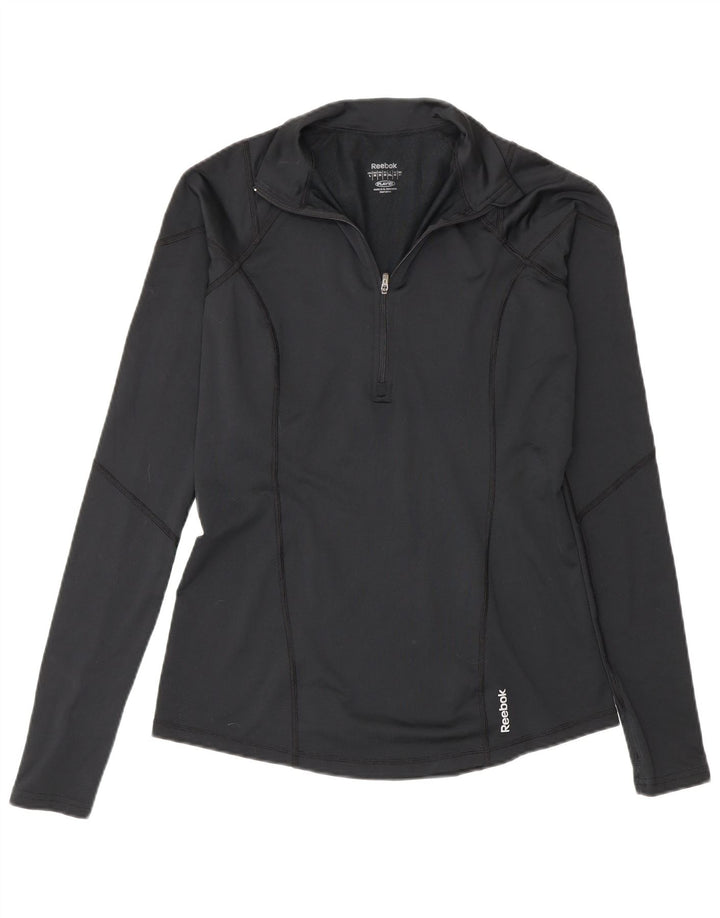 Reebok Haut de survêtement zippé à col zippé pour femme UK 12 Noir moyen Polyester