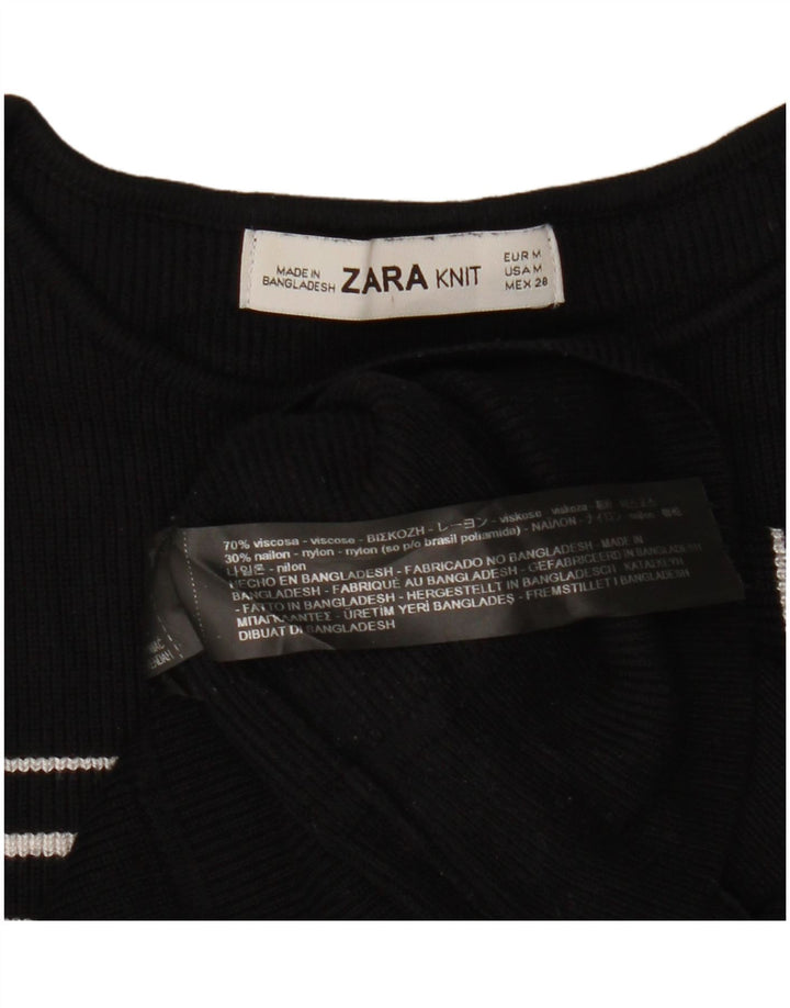 ZARA Pull court à col bateau pour femme UK 12 Medium Noir Rayé