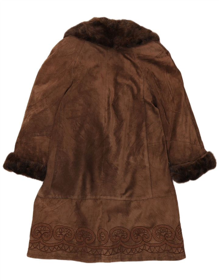 vintage Femmes Suède Pardessus UK 14 Moyen Brun Paisley