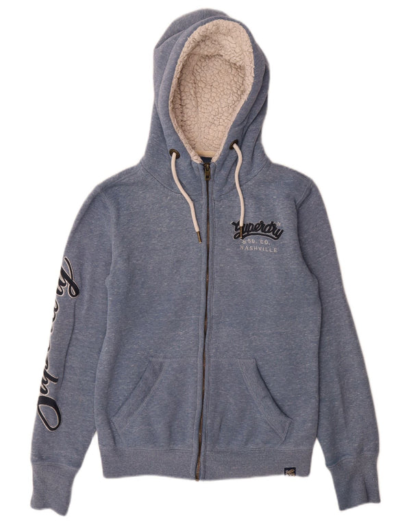 Superdry Pull à capuche zippé graphique pour femme UK 8 petit coton moucheté bleu
