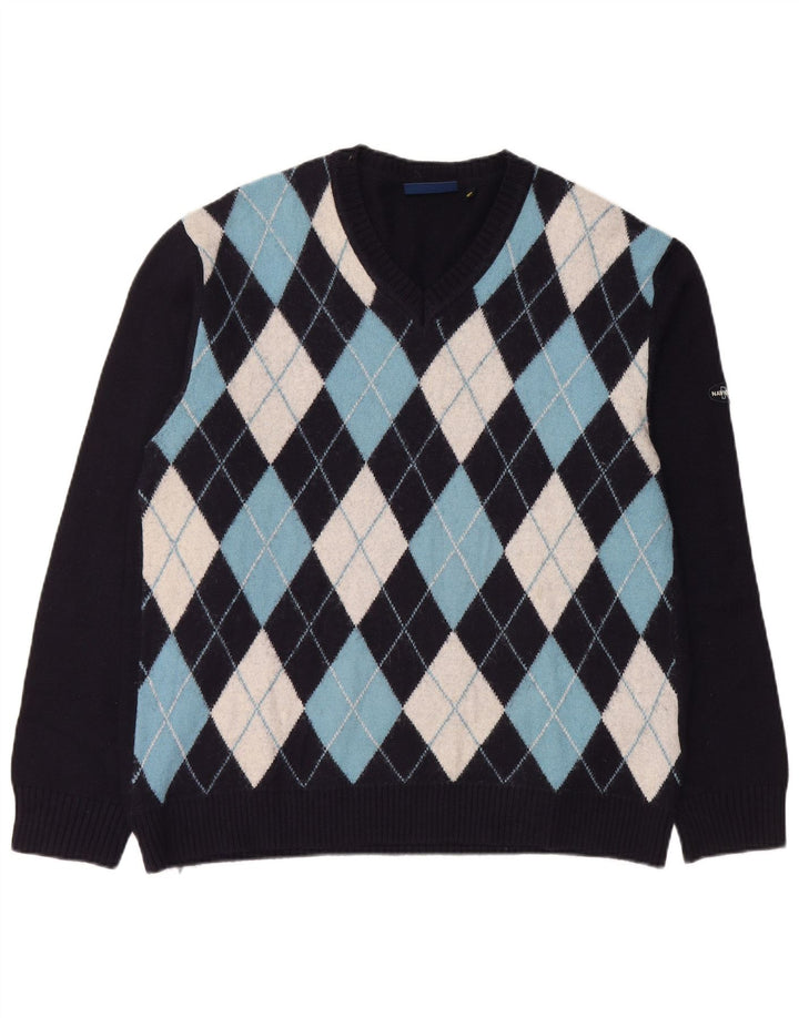 NAVIGARE Pull col V Homme XL Bleu Marine Argyle/Diamant