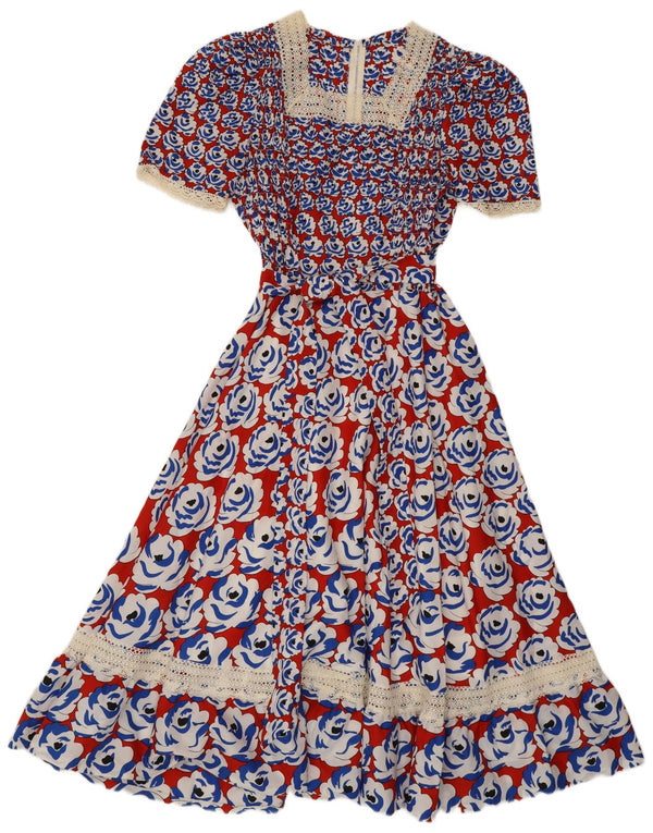 vintage Femmes Maxi A-Line Robe UK 8 Petit Rouge Floral Rétro