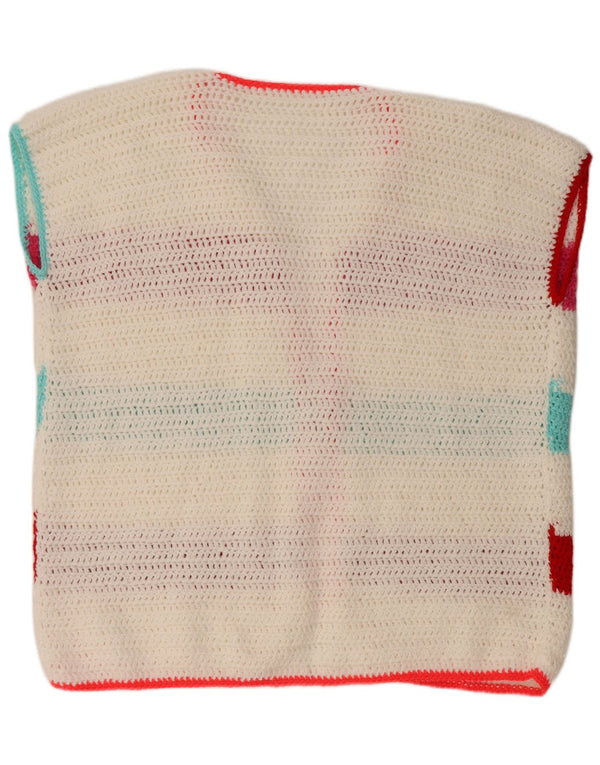 VINTAGE Femme Cardigan sans manches Pull UK 18 XL Blanc Rayé