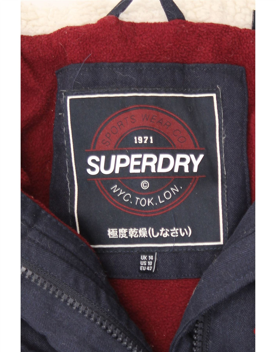 Superdry Veste à capuche Duffle rembourrée pour femme UK 14 Large Bleu marine Polyester