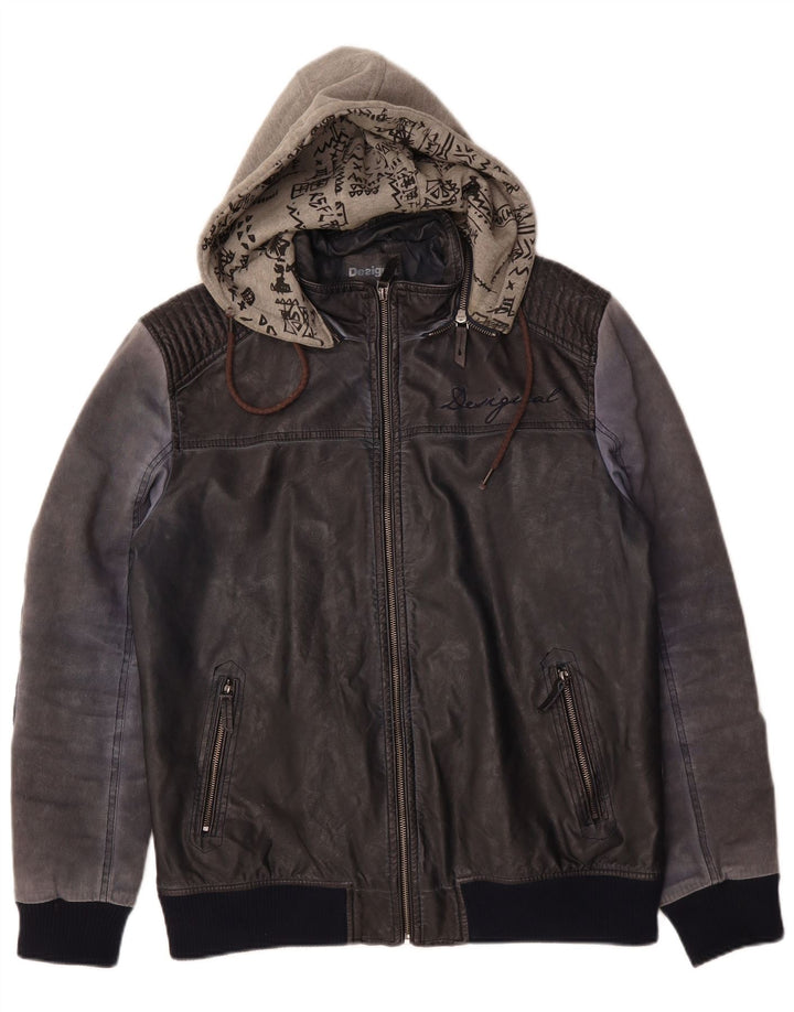 Desigual Veste Bomber À Capuche Homme UK 42 XL Bleu Marine Polyuréthane