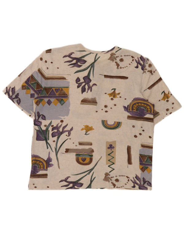 vintage Femme T-Shirt Top UK 16 Grande Viscose Géométrique Beige