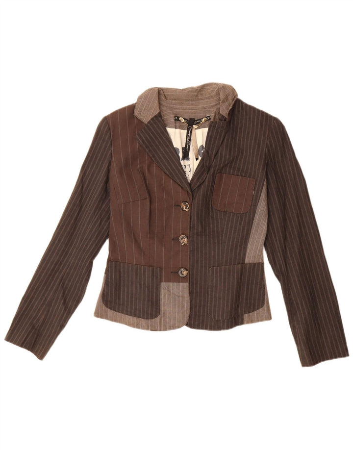 vintage Femmes Crop 3 Bouton Blazer Veste IT 42 Rayé Brun Moyen