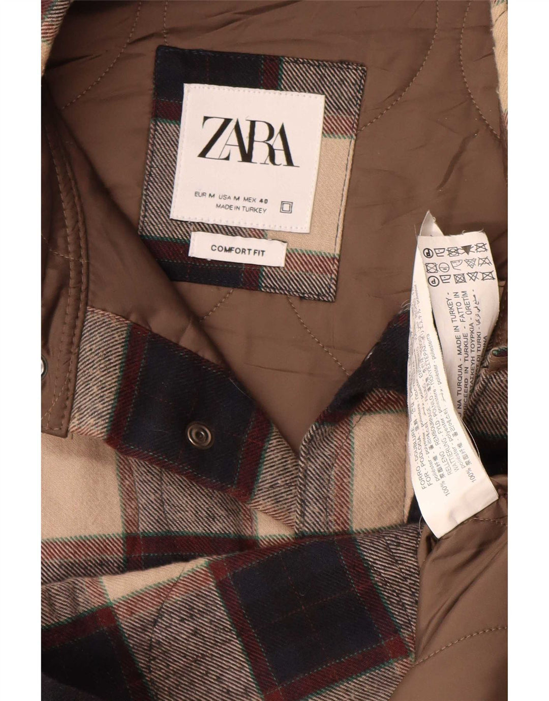 Zara Veste Shacket Homme UK 38 Polyester Beige Moyen à Carreaux