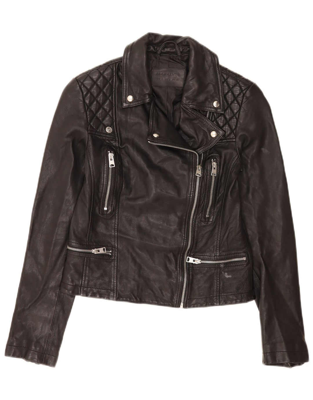 All Saints Veste de motard en cuir court pour femme UK 8 Small Noir