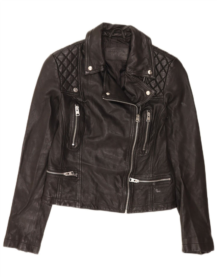 All Saints Veste de motard en cuir court pour femme UK 8 Small Noir