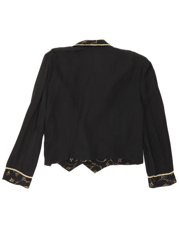vintage Femmes Crop Double Breasted Blazer Veste UK 12 Moyen Noir Floral