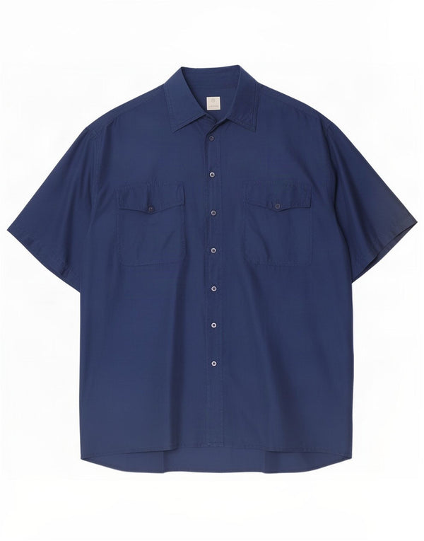 vintage Chemise à manches courtes pour hommes Soie bleu marine moyenne