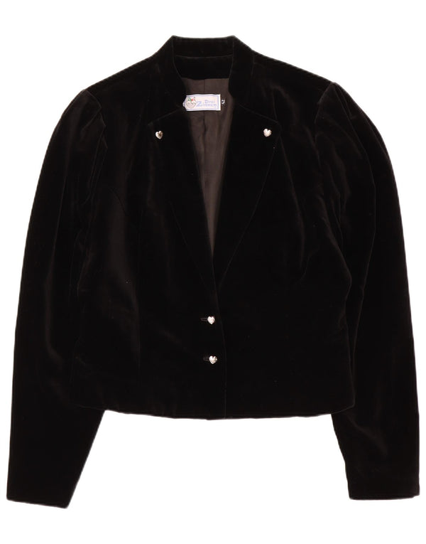 vintage Femmes Crop 3 Bouton Velours Blazer Veste EU 42 Grand Noir